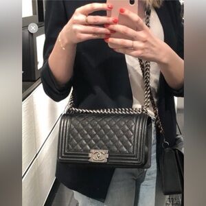 CHANEL Black Med Boy Bag Cavier Quilted Leather with Silver Hardwear